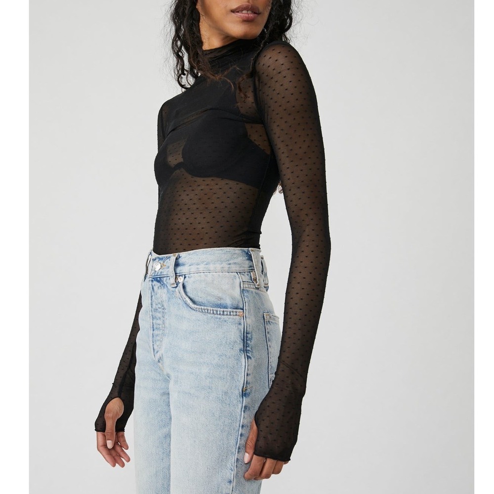 Free People Intimately On The Dot Sheer Mesh Top Black Layering - XSmall